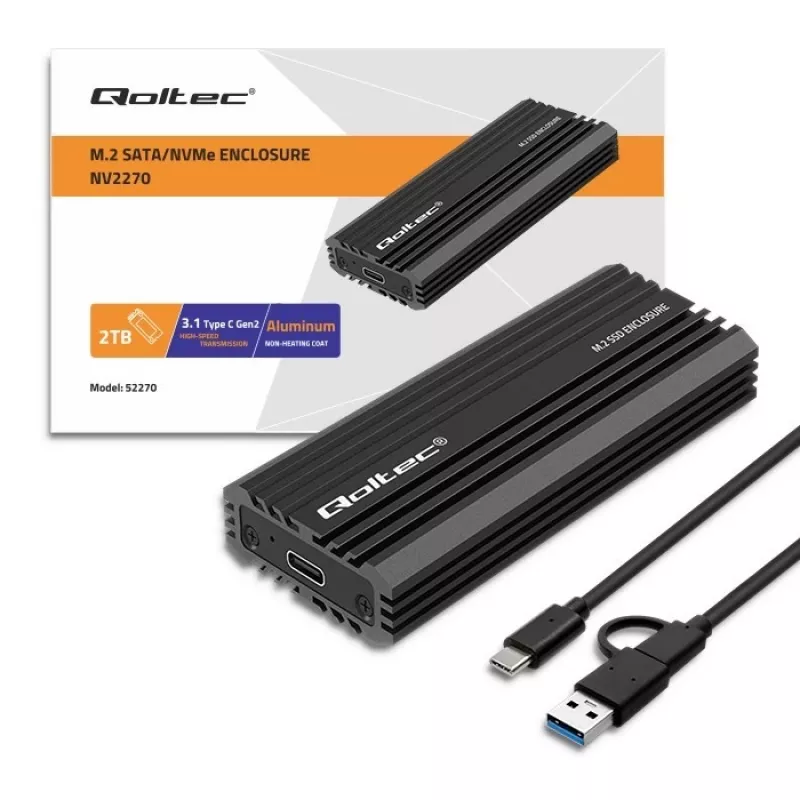 Externé SSD puzdro QOLTEC NV2270 pre M.2 SATA/NVMe disky, USB-C, až do 2 TB