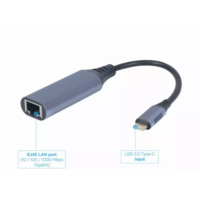 Sieťový adaptér Gembird A-USB3C-LAN-01 Type-C USB 3.2 Gen 1, Gigabit RJ-45, 0,15 m kábel, kovové puzdro, sivá/čierna