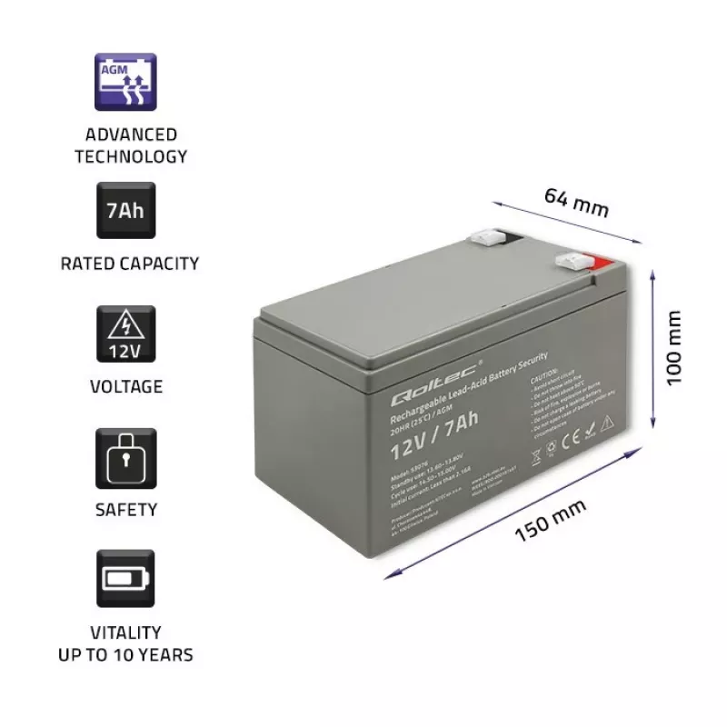 Qoltec 53076 AGM batéria | 12V | 7Ah | bezpečnosť