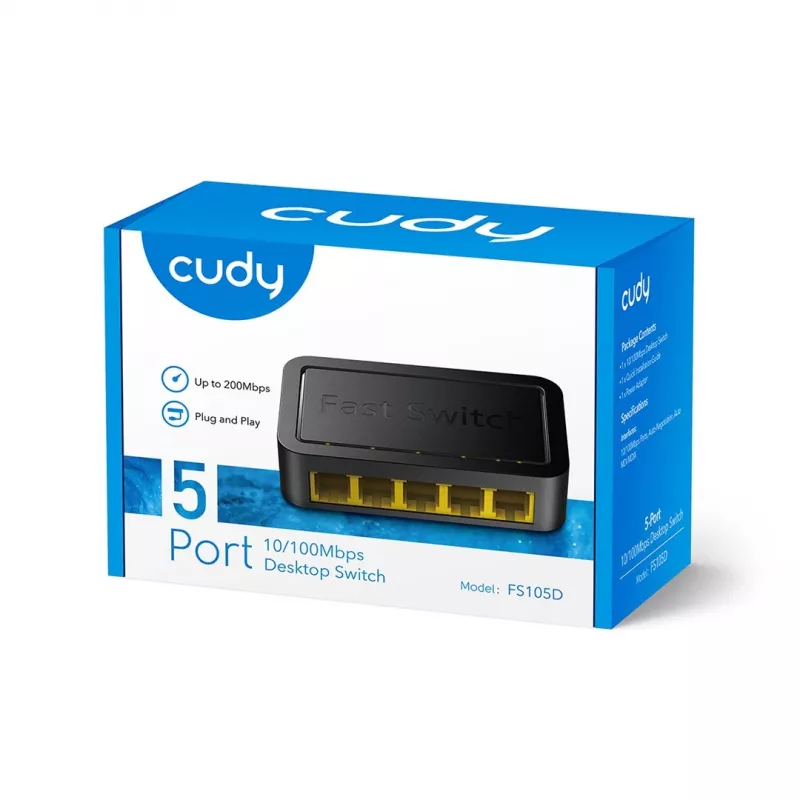 Sieťový switch Cudy FS105D — 5-portový Fast Ethernet 10/100, 1 Gbit/s switching, čierny