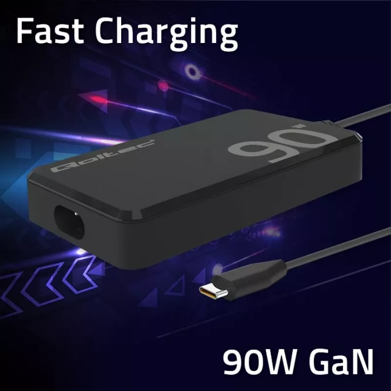 Qoltec 90W GaN Super Fast SLIM nástenná nabíjačka | XP | 5-20V | 4,5A | USB-C 3.1 | notebook | MacBook | smartfón | + kábel