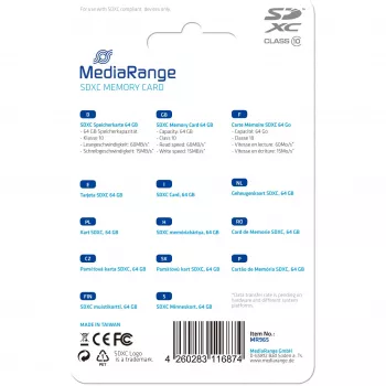 MediaRange - flash pamäťová karta - 64GB - Class 10 - SDXC - modrá (MR965)