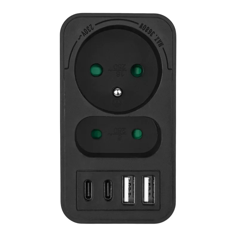 Rozbočovač napájania MACLEAN MCE249 F/B – 2 AC zásuvky (16A + 6A) s 2×USB-A a 2×USB-C PD 20W, EU konektor, čierny