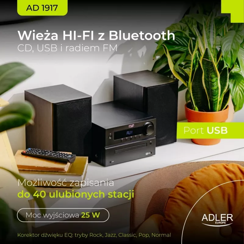 Mini Hi‑Fi stereo systém Adler AD 1917 — Bluetooth V5.3, CD/USB/MP3, 2×25 W RMS, FM tuner, 4‑pásmový ekvalizér, AUX, čierny