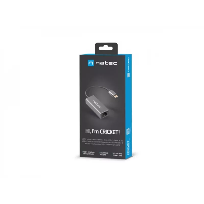 Natec Cricket NNC-1925 ethernetový adaptér USB-C 3.1 Gen 1 na RJ45, 1000 Mbit/s, kábel 15 cm, hliník, sivý