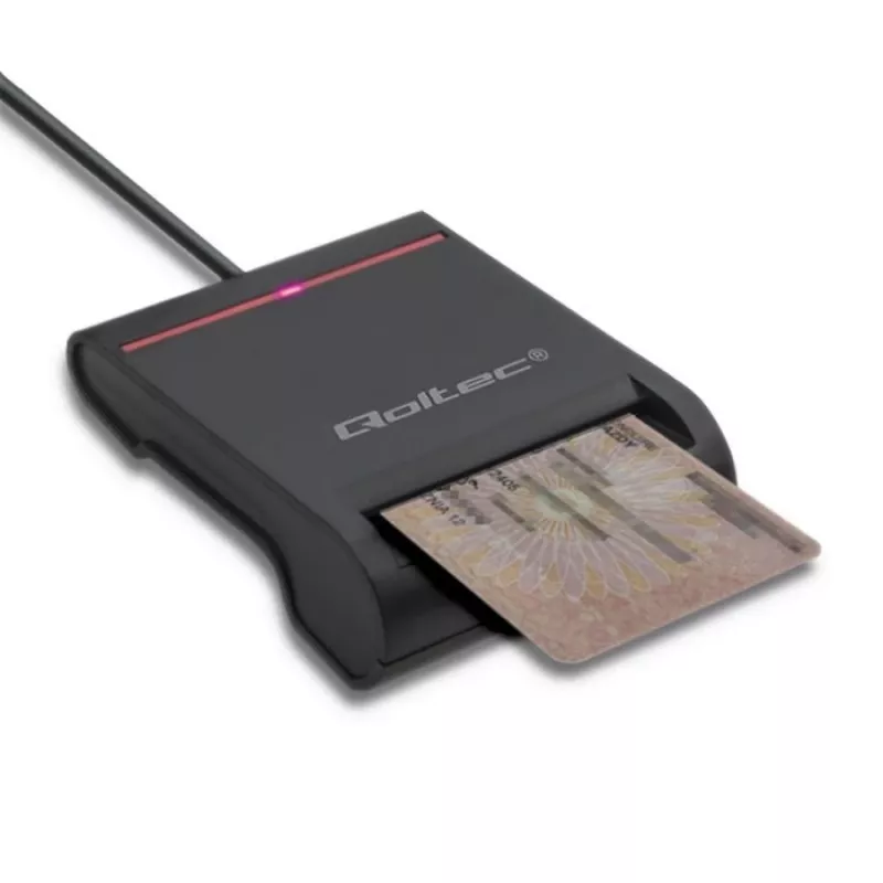 Čítačka ID kariet QOLTEC Smart-Chip-ID čítačka kariet — USB, čierna, 84,5×65×16 mm, 63 g