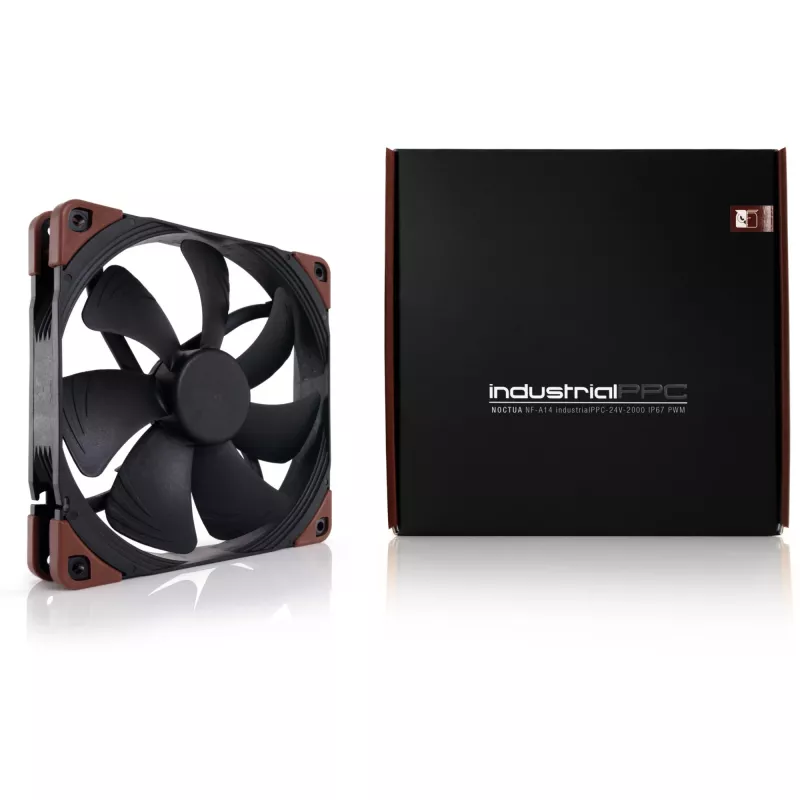 Noctua NF-A14 industrialPPC-2000 PWM ventilátor do skrine, 140x25 mm, 12 V, PWM, 500–2000 ot./min, 182,5 m³/h, 31,5 dB, ložisko SSO, čierna/hnedá