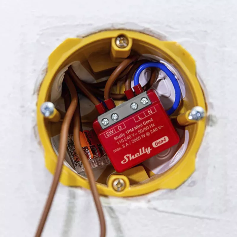 Inteligentný spínač Shelly 1PM Mini Gen4, bezdrôtový 110–240 V AC, max. 8 A / 2000 W, plastové puzdro 34×16×29 mm