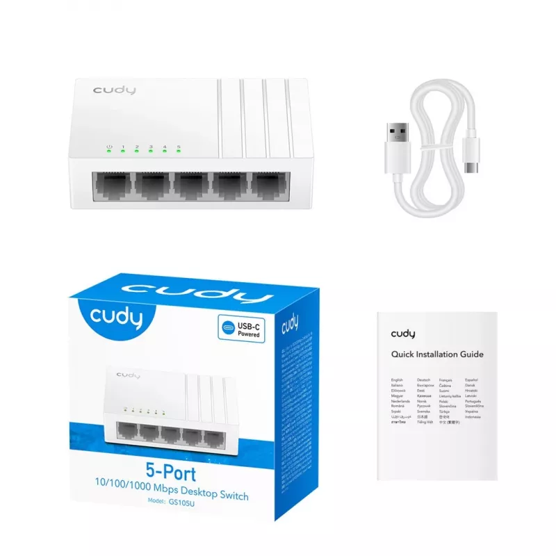 Sieťový switch Cudy GS105U – unmanaged 5-port Gigabit Ethernet (10/100/1000), biela, 5 V
