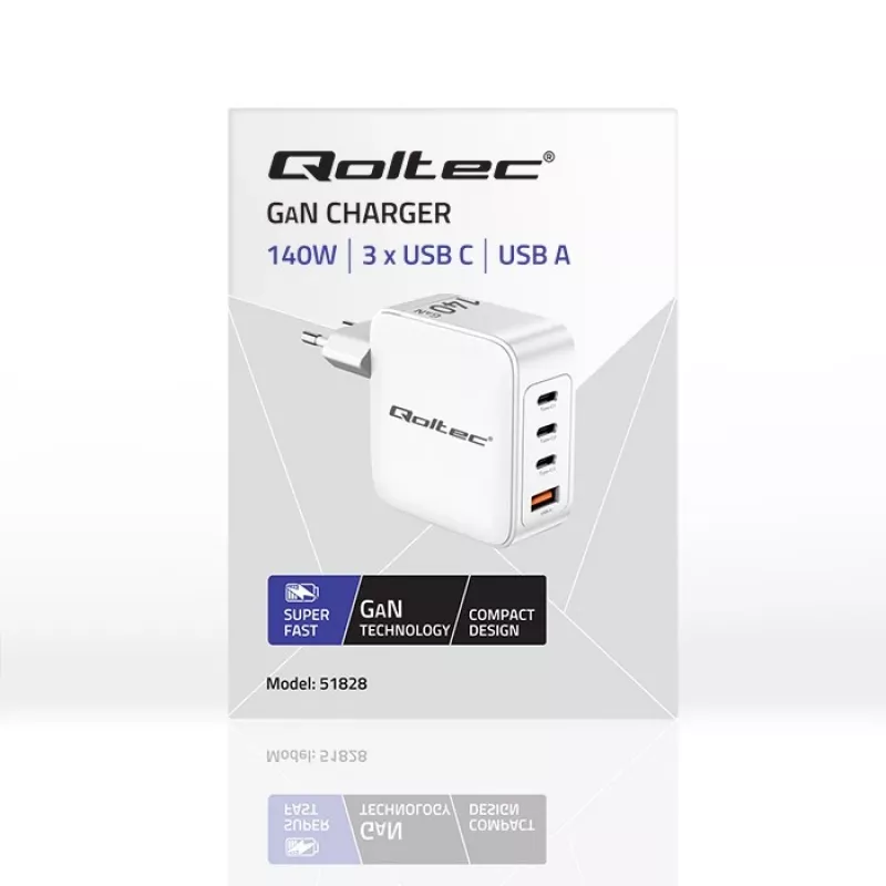 Nabíjačka QOLTEC 51828 140W GaN 3×USB‑C PD + 1×USB‑A QC 3.0 – multiportová rýchlonabíjačka