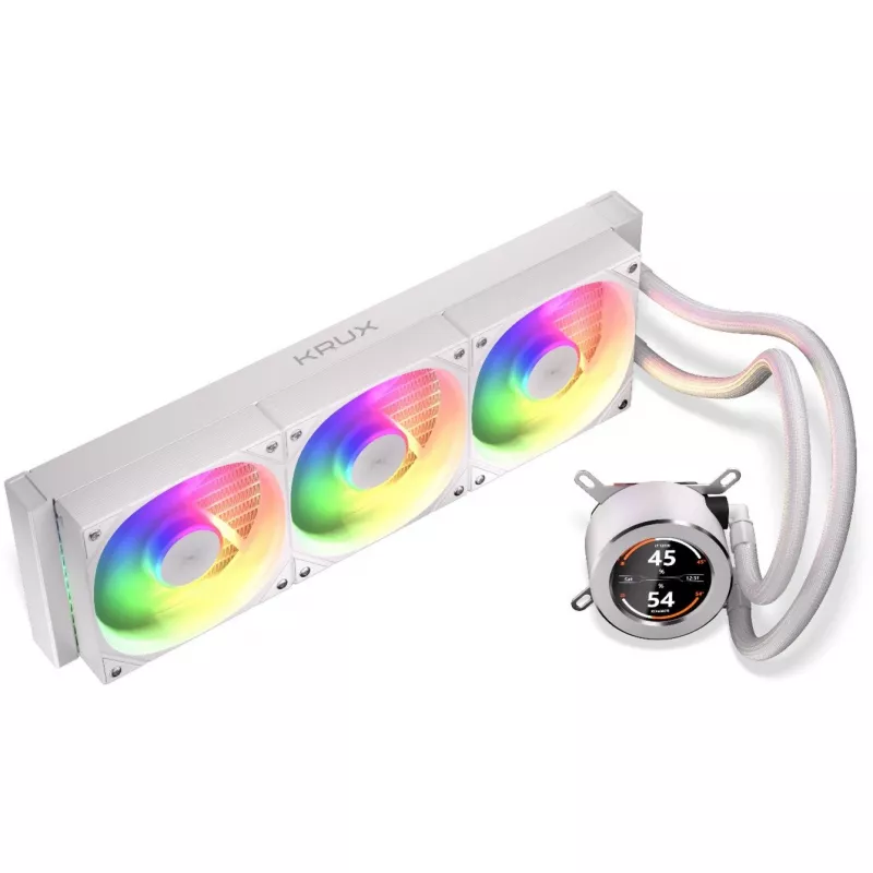 KRUX HydroGlance 360 ARGB vodné chladenie AIO s LCD, 360 mm, biele