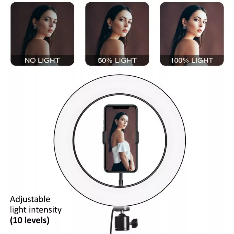 Maclean MCE610 10 12W LED Ring Light so statívom a Bluetooth spúšťou, 3 farby, 10 stupňov jasu, 10% -100% nastaviteľný jas, 160 LED, držiak na smartfón, osvetlenie