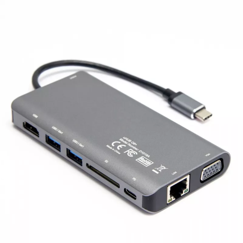 UNITEK uHUB O8+ káblový USB 3.2 Gen 1 Type-C hub, sivý, 100W Power Delivery