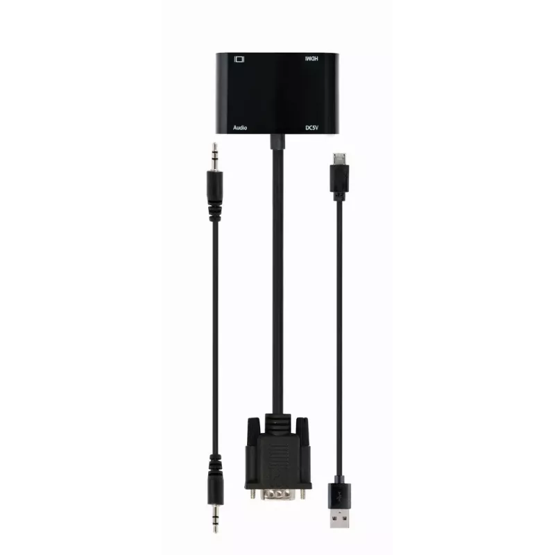 Videokábel adaptér GEMBIRD A-VGA-HDMI-02 0,15 m — HDMI + VGA (D-Sub) konektor samica na VGA (D-Sub) konektor samec, čierny