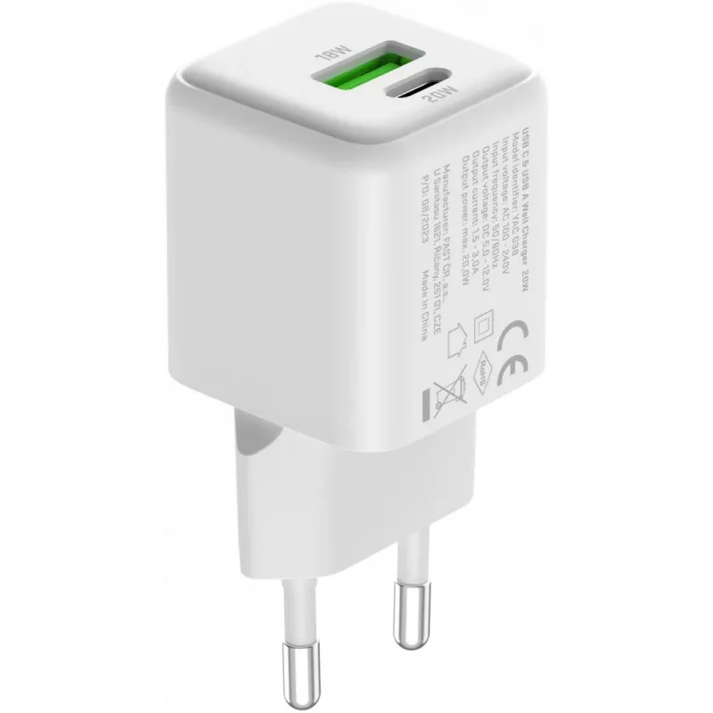 USB-C/A sieťová nabíjačka YENKEE YAC G38 20W 3A Power Delivery (USB-C a USB-A)