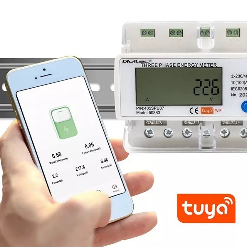 Trojfázový elektromer QOLTEC 50883 Wi‑Fi 400V s LCD displejom