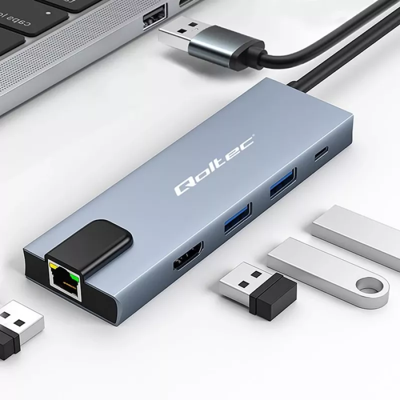 USB-C hub QOLTEC 53795 5-in-1 s 100W PD, 2×USB-A, HDMI 4K, RJ45