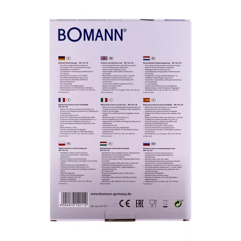 Bomann KW 1421 CB kuchynská váha, LCD displej, nehrdzavejúca oceľ, 160 x 230 x 18 mm, AAA, čierna (614211)