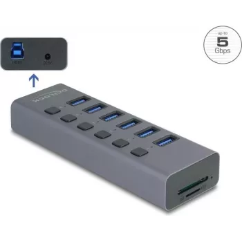 Externý USB 3.0 6-portový hub DELOCK 64237 s individuálnymi vypínačmi a SD/MicroSD čítačkou kariet