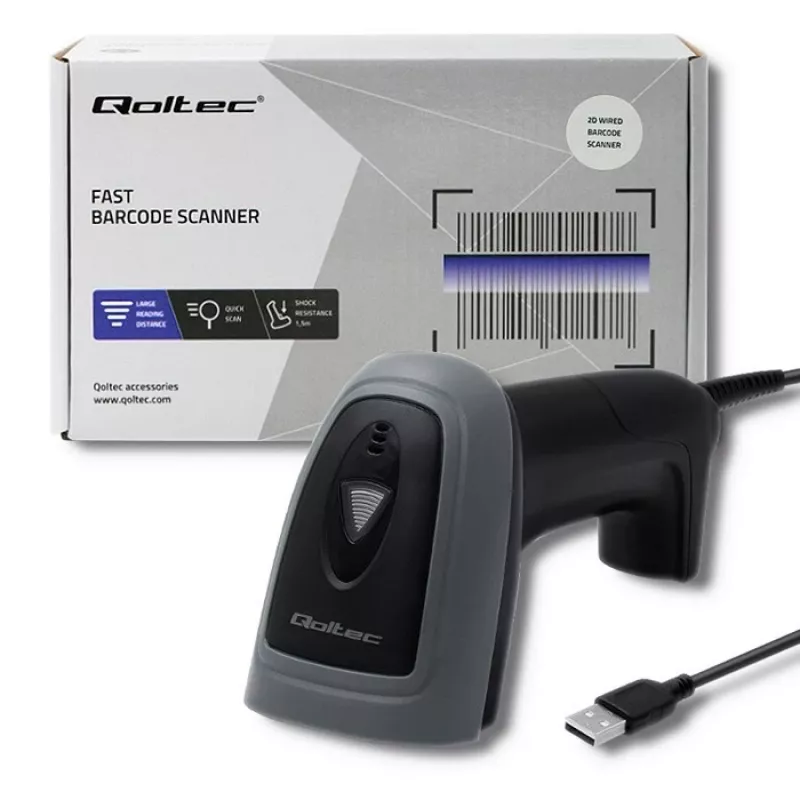 Ručný čítač čiarových kódov QOLTEC 50863 — 1D/2D skener, USB káblový, LED senzor, čierny, 5V, 1,8 m kábel