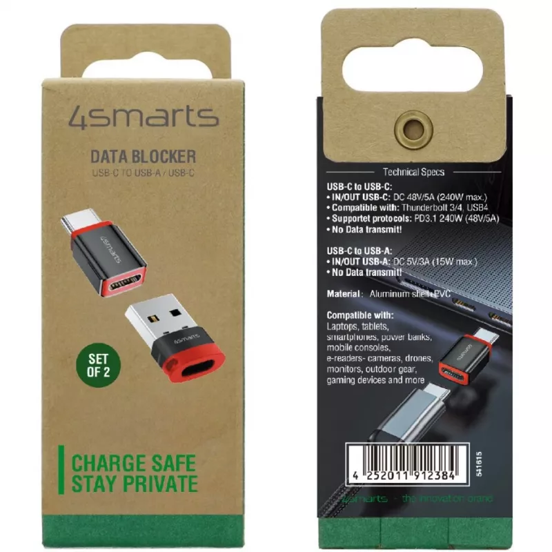 Rozhranie adaptér 4smarts 541615 – USB Type-A (host) na USB Type-C (výstup), čierny, rovný konektor samec-na-samicu, balenie 2 ks