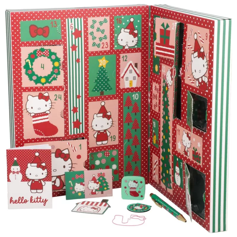 Adventný kalendár Paladone Hello Kitty papiernictvo 24-dňový set s každodennými darčekmi papiernictva