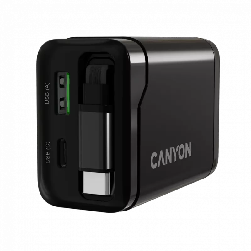 Nabíjačka CANYON OnCharge 65RC s integrovaným USB-C káblom, 65 W, 1x PD, 1x QC, EU zástrčka, čierna
