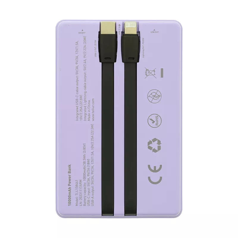 Prenosná powerbanka Tellur TLL158441, 10000 mAh, integrovaný USB-C a Lightning kábel, fialová