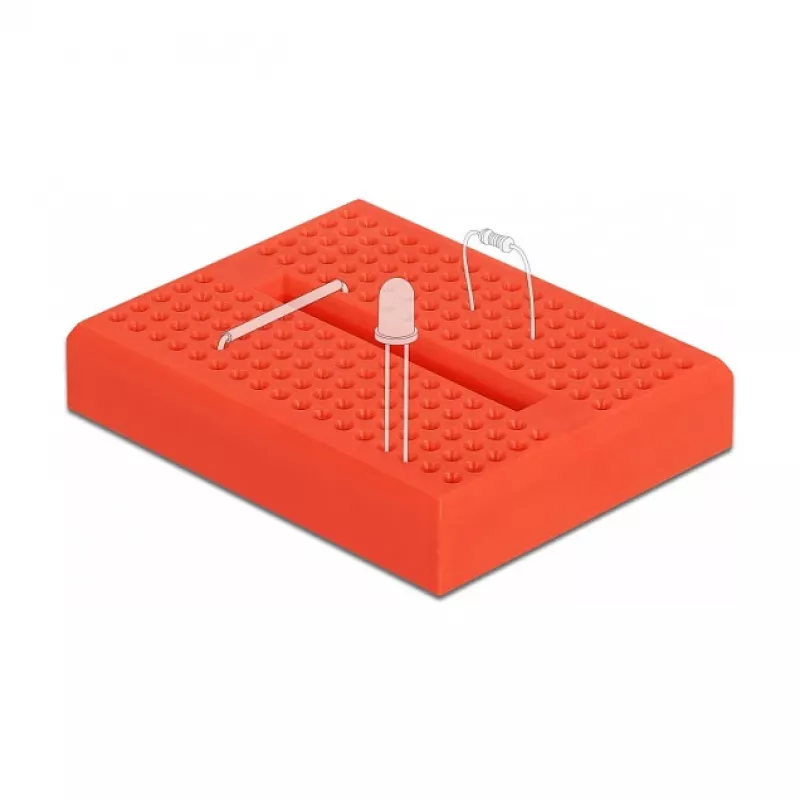 Nepájivé pole DELOCK 18318 – nepájivá plastová prototypová doska, 36 × 46 × 10 mm, červená