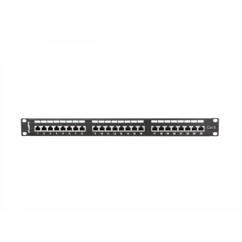 Patch panel 1U LANBERG PPS6-1024-B, 24-portový Cat6, kov, čierny, 442×114,5×44,5 mm