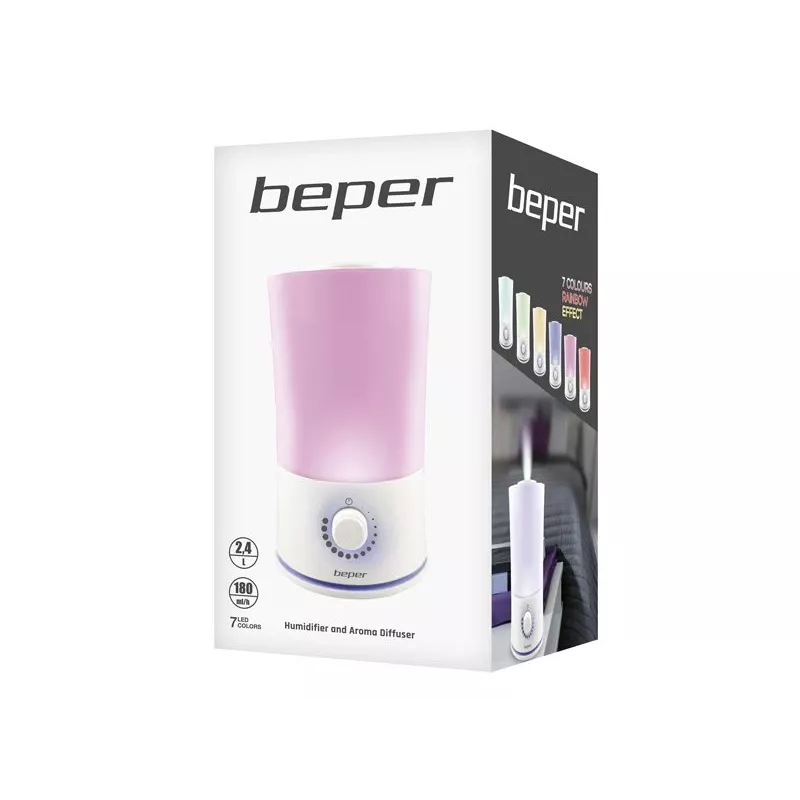 Beper 70.401 ultrazvukový aróma difuzér a zvlhčovač vzduchu, 2,4 l, 7-farebné LED, 25 W