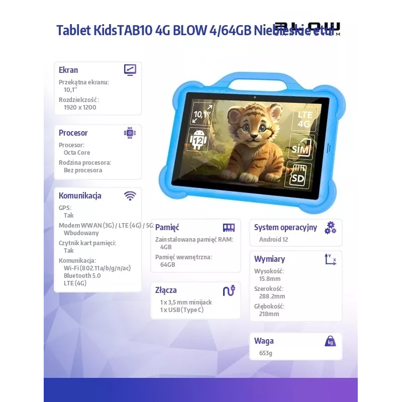 BLOW KidsTAB10 4G tablet, 10,1 palca FHD 1920x1200, osemjadrový T606 1,6 GHz, 4 GB RAM, 64 GB, Android 12, LTE, GPS, s puzdrom, modrý