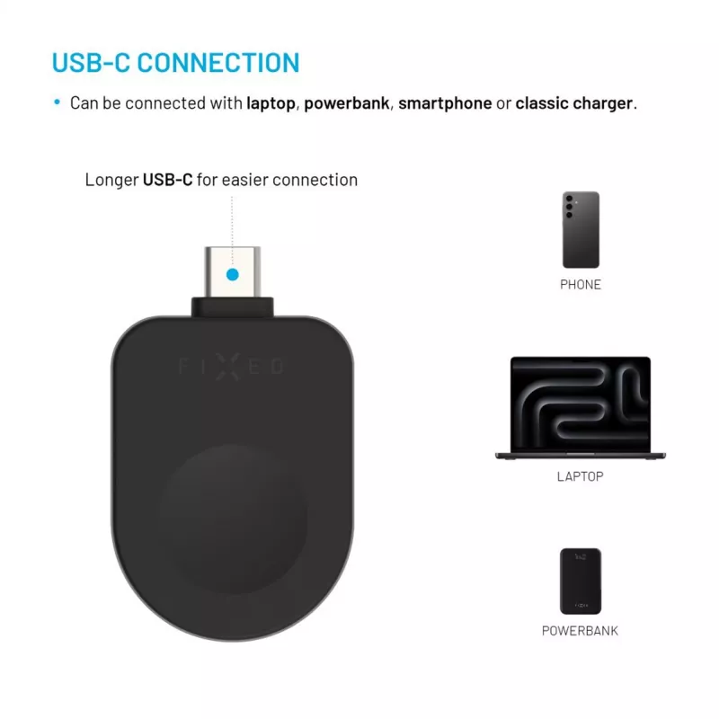 Pevný USB-C nabíjací adaptér FIXED FIXDW-AWAP-BK pre Apple Watch Powerstation Uni, kompaktná náhrada