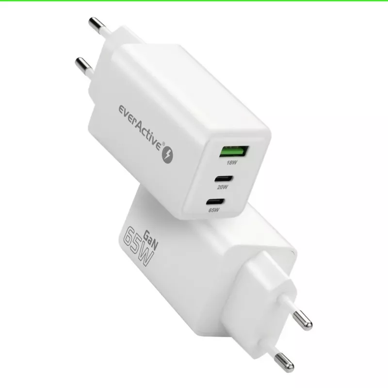 Napájacia nabíjačka everActive SQ-655Q 65W, 1×USB-A + 2×USB-C rýchle nabíjanie