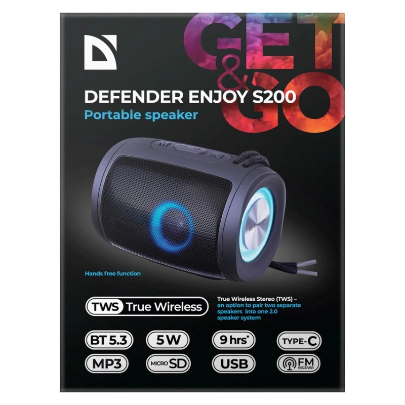 DEFENDER Enjoy S200 65200 prenosný reproduktor Bluetooth, TWS, 5 W, LED osvetlenie, FM, microSD, batéria 10 h, čierny