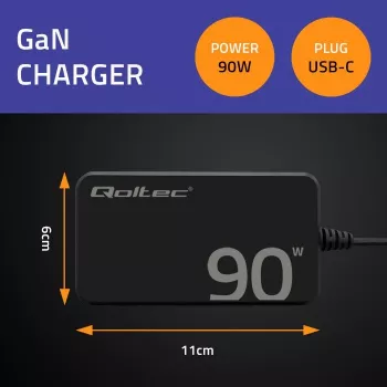 Qoltec 90W GaN Super Fast SLIM nástenná nabíjačka | XP | 5-20V | 4,5A | USB-C 3.1 | notebook | MacBook | smartfón | + kábel