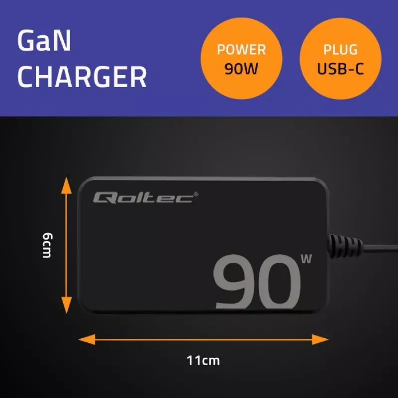 Qoltec 90W GaN Super Fast SLIM nástenná nabíjačka | XP | 5-20V | 4,5A | USB-C 3.1 | notebook | MacBook | smartfón | + kábel