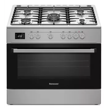 Voľne stojaci sporák Ravanson KWGE-K90A Cheff Modern — 90 cm, plynová varná doska s 5 horákmi a 3000 W wok, elektrická rúra 110 l, strieborná