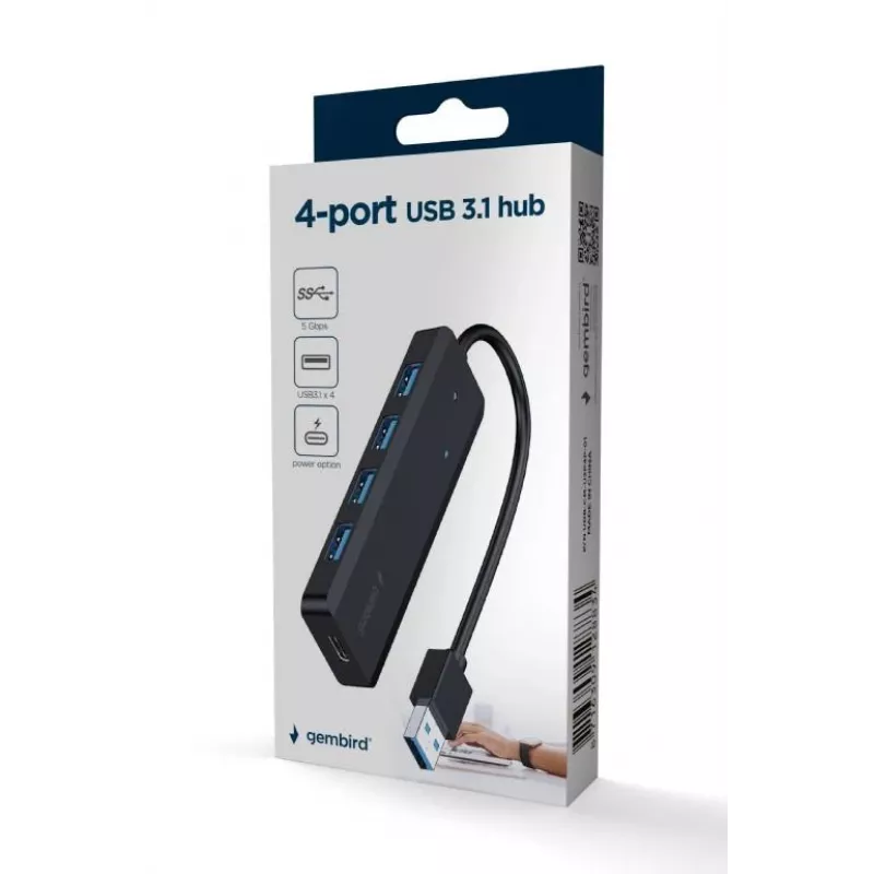 USB hub Gembird 4-port USB 3.1 (Gen 1) — 4 porty, USB 3.2 Gen 1 Type-A, 5V/2.1A, 109×30×10 mm, čierny