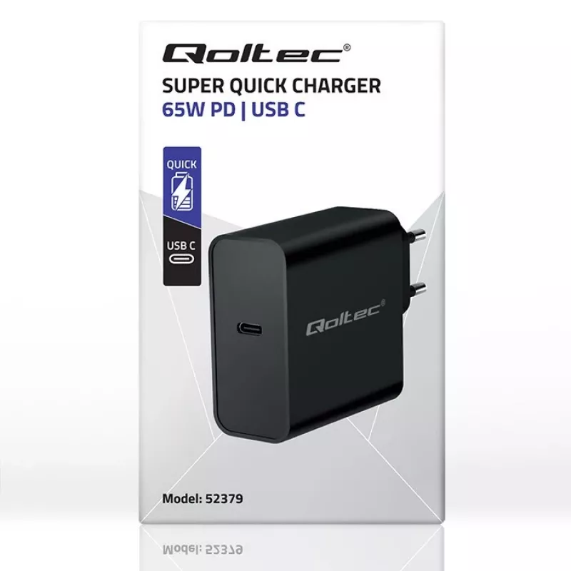 Nabíjačka QOLTEC Super Quick PD 65W USB‑C Power Delivery 5–20V, 1x USB‑C, USB PD 3.0, Type-C konektor samec, 65 W