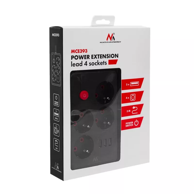 Predlžovacia zásuvka MACLEAN MCE393 B — 4 zásuvky, 3×USB, 110–240 V, 2500 W, 3 m kábel, čierna