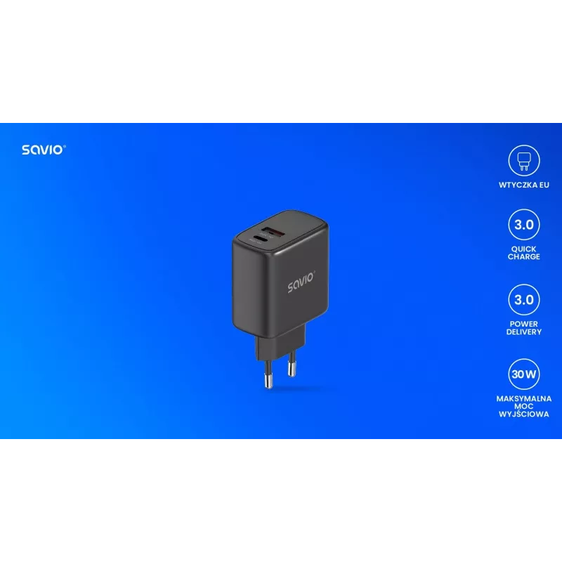 Sieťová nabíjačka SAVIO LA-06/B 30 W, USB-A + USB-C, Quick Charge, Power Delivery 3.0, čierna