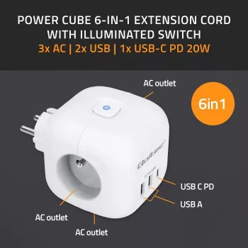 Predlžovacia zásuvka QOLTEC 52548 s 3× AC zásuvkami a USB portom