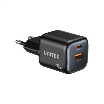 Nástenná nabíjačka Unitek P1128ABK01-EU – 2-portová GaN USB‑C & USB‑A, celkovo 20W, čierna