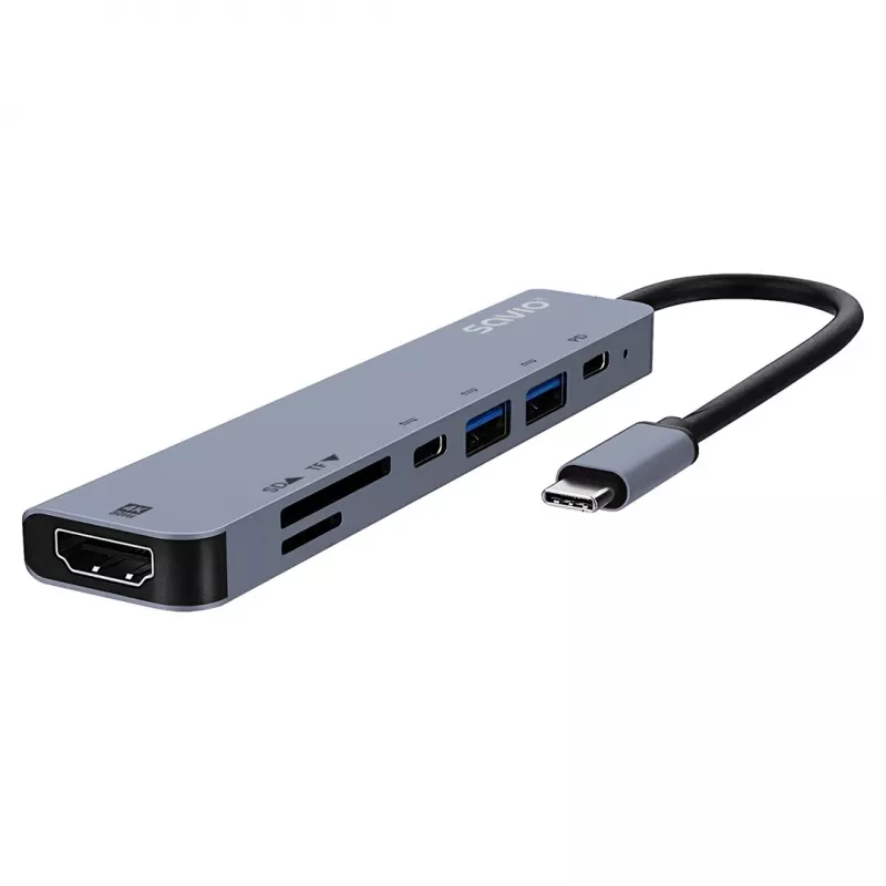USB Type-C hub SAVIO AK-82 s HDMI, MicroSD, USB 3.2 Gen1, PD priechod, 4K@30Hz, 5000 Mbit/s, čierny