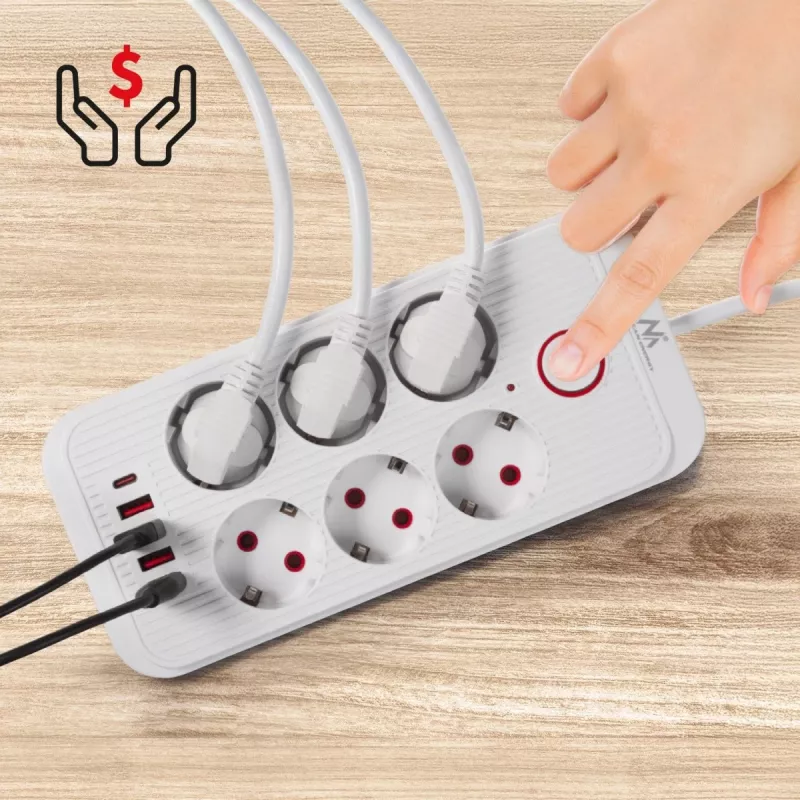 Predlžovacia zásuvková lišta MACLEAN MCE391 W — 6 zásuviek, 4×USB-A + 1×USB-C, 3 m kábel, 110–240 V, 2500 W, biela