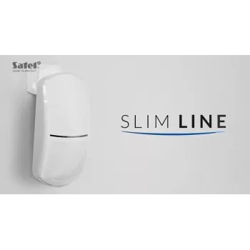 PIR pohybový senzor SATEL slim-PIR-PET 5 — pasívny infračervený detektor imúnny voči domácim zvieratám, kompaktný interiérový model