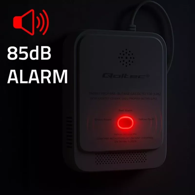 Senzor úniku plynu QOLTEC 52652 — detektor propán/bután (LPG), alarm 85 dB, LED indikátor