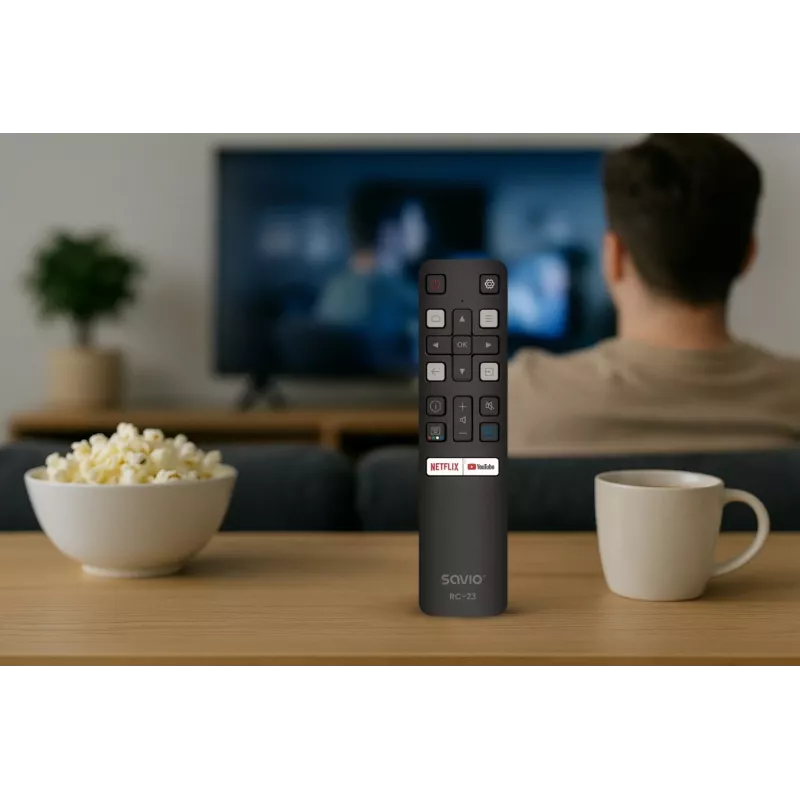 SAVIO RC-23 univerzálny IR diaľkový ovládač pre TCL televízory — 19 tlačidiel, dosah 10 m