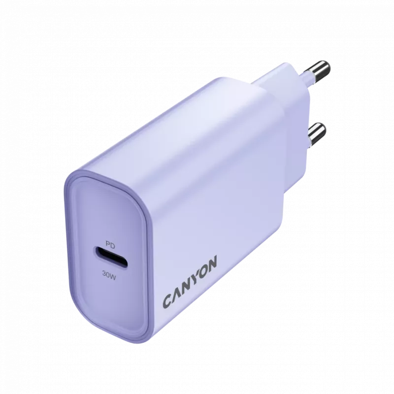 Nástenná nabíjačka CANYON OnCharge 30CL, 30W USB-C PD, 1x PD výstup, EU konektor, fialová